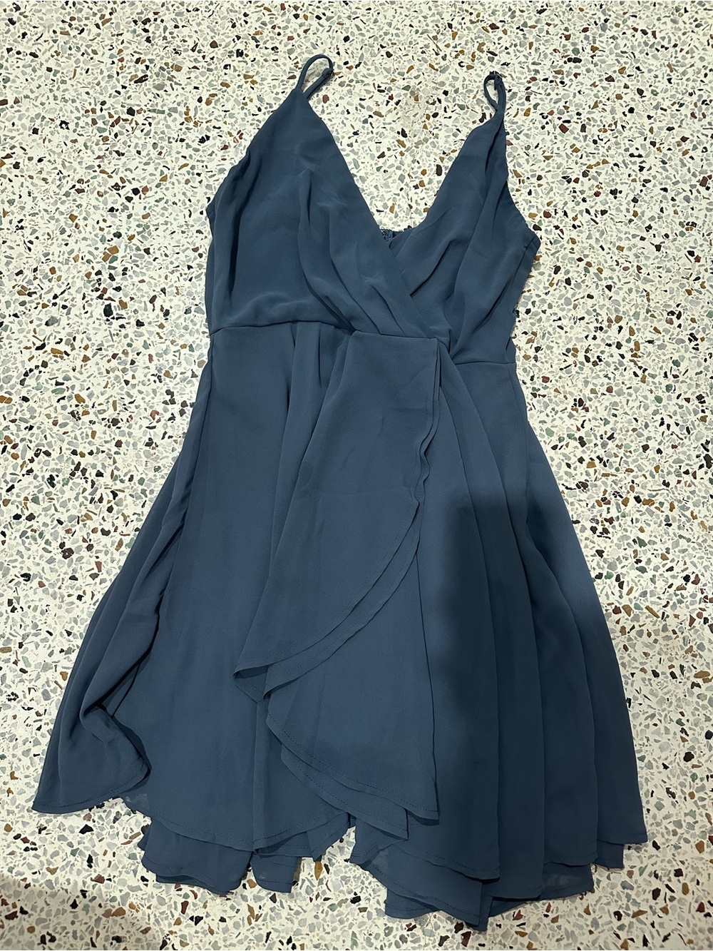 Windsor Slate Blue Spaghetti Strap Wrap Mini Dress
